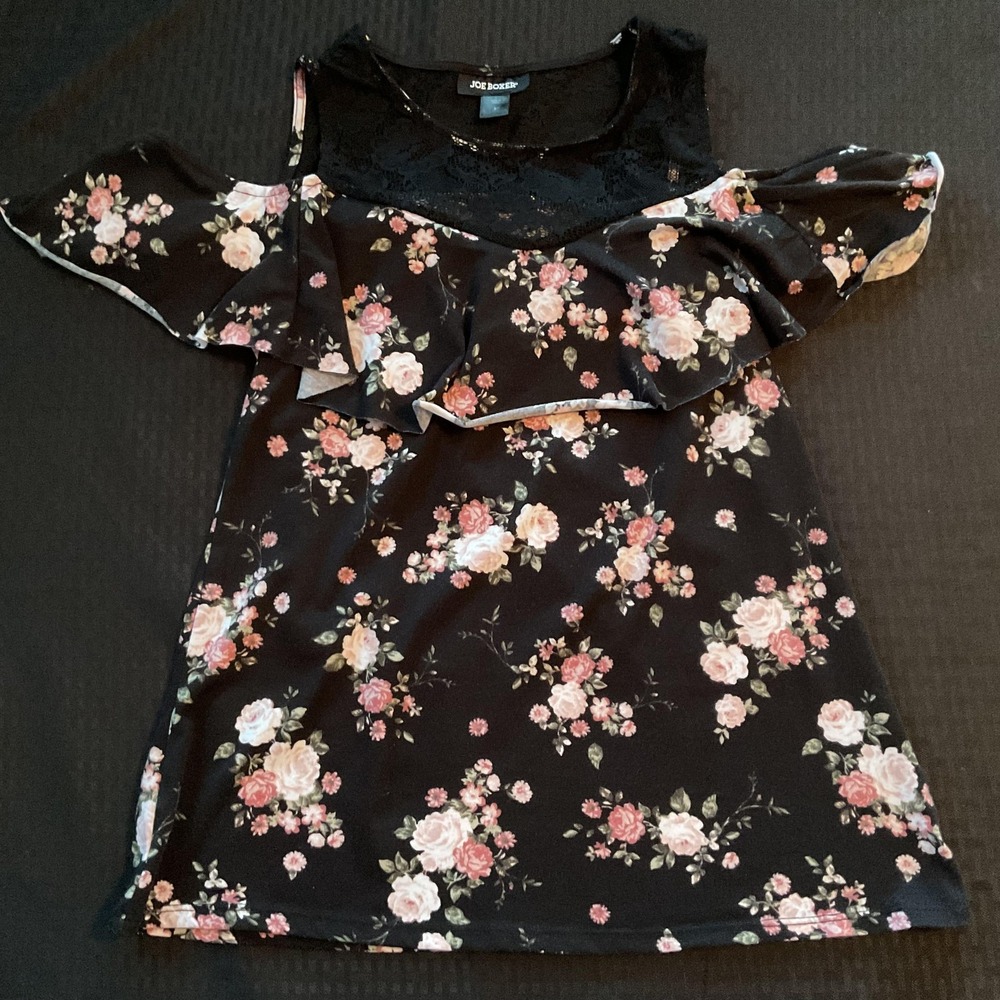 Joe Boxer Shirt Womens Small Black Floral Cold Shoulder Lace Ruffle Top Blouse